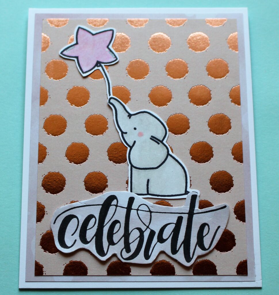 Card with cartoon elephant holding balloon in trunk and celebrate sentiment