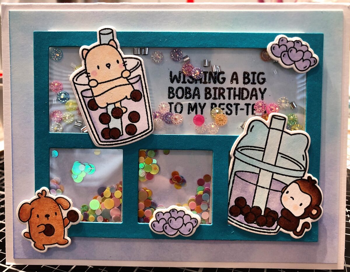 birthday shaker card with cute animals and boba