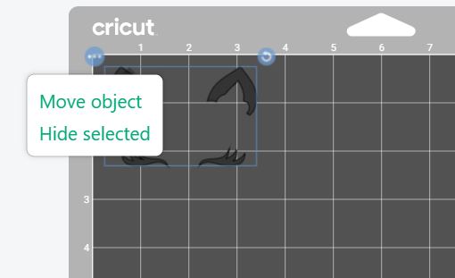Screenshot of Cricut Design Space with options to move object or hide selected