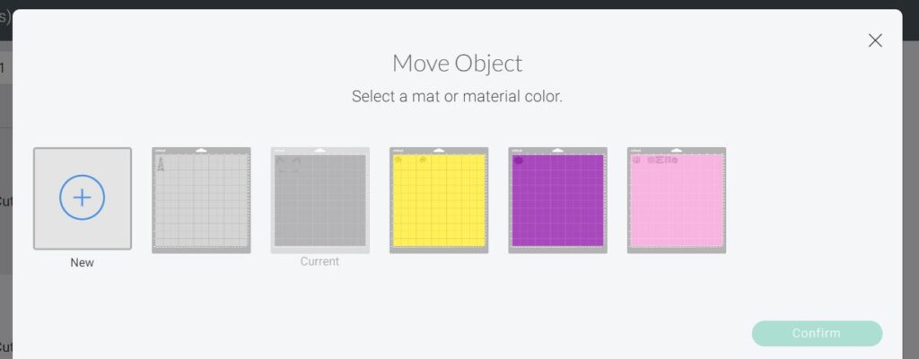 Screenshot of Cricut Design Space showing options to move object to different colored mats