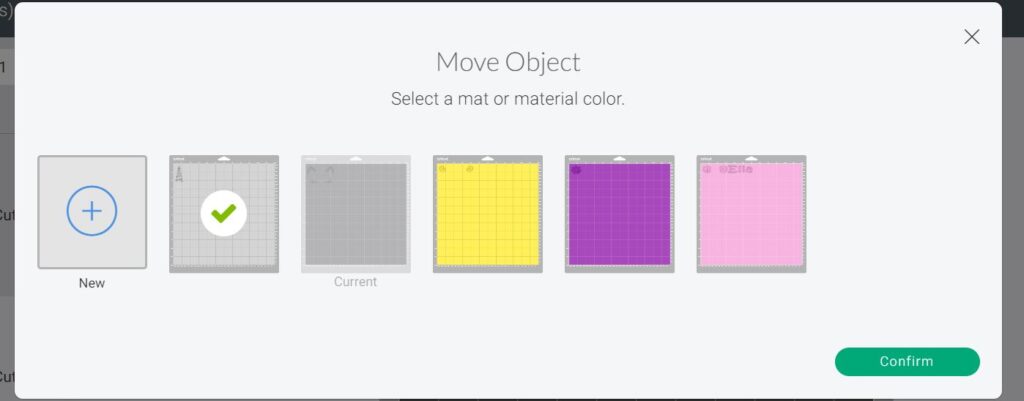 Screenshot of Cricut Design Space showing options to move object to selected mat