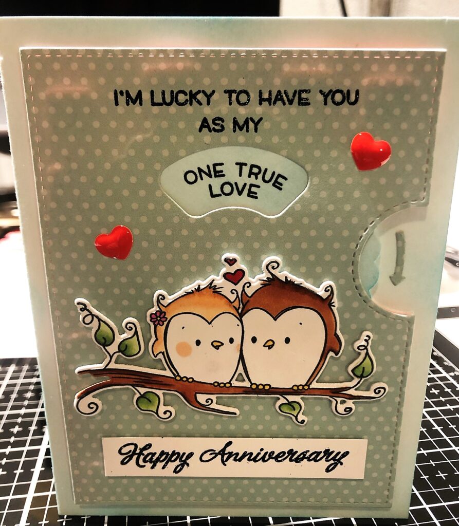Anniversary card with two birds sitting on a branch and a wheel that turns to show different messages of love (I'm lucky to have you as my... one true love) using Lawn Fawn Reveal Wheel stamp and dies and My Favorite Things You and Me Together stamp and die set
