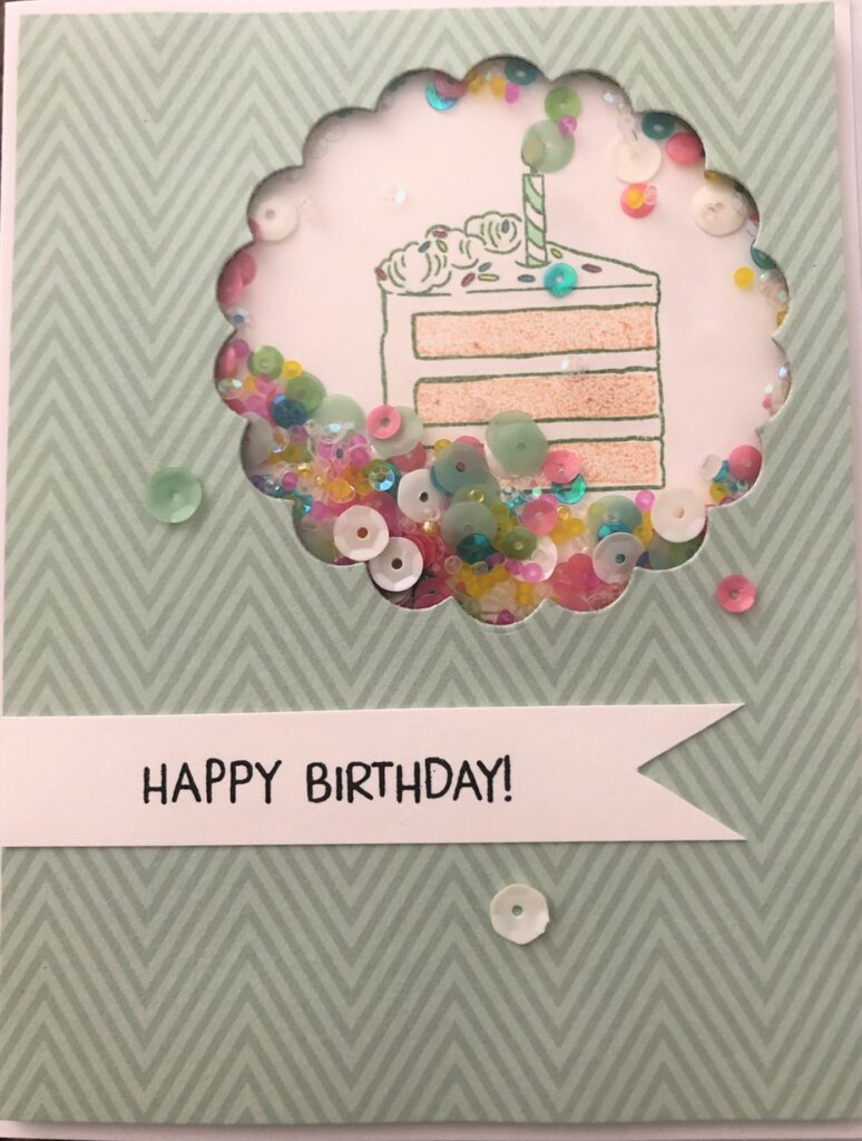 Slice of birthday cake inside shaker window birthday card using Paper Pumpkin Stamp Set