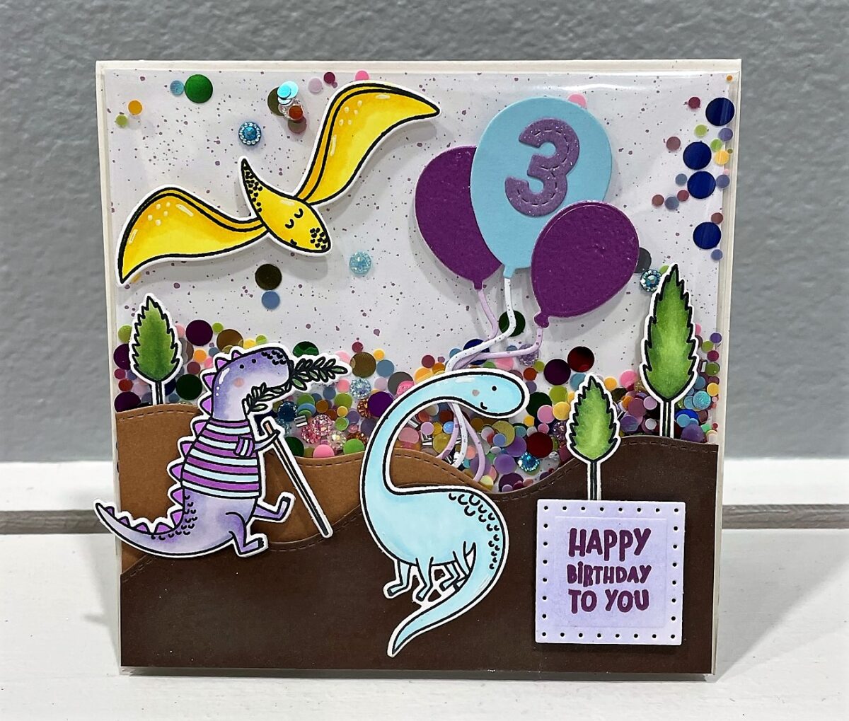 Dinosaur themed shaker birthday card