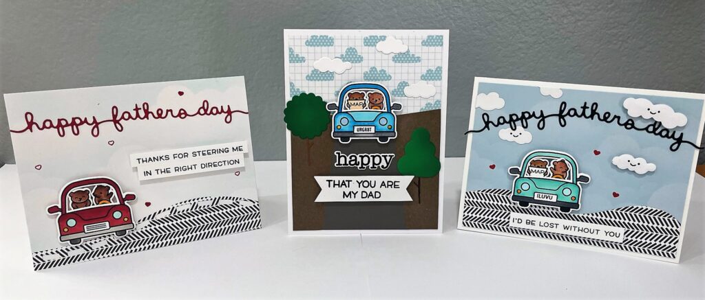 Three Father's Day cards with on the road scenes and small bears driving in a car